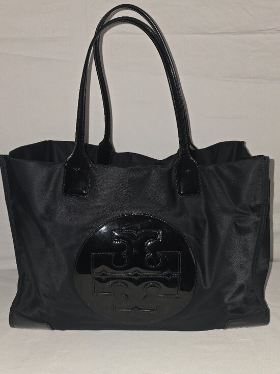 Tory Burch Handbags - Tory Burch Ella Large Black Nylon Patent Leather Logo Shoulder Tote Shopper Bag